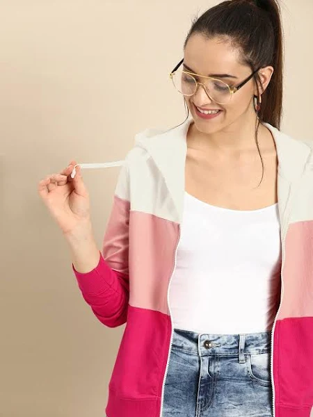 DressBerry Women Pink & Off-White Colourblocked Hooded Sw